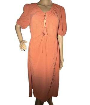 NSR Women's Orange Textured V-Neck Tie-Front Midi Dress- M